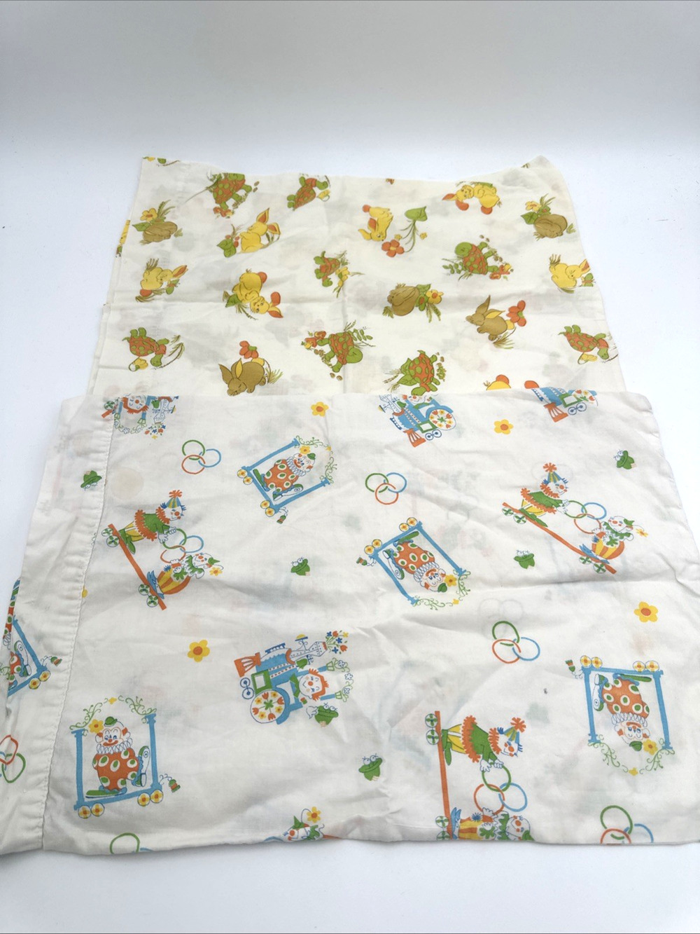 2 Vintage Baby Pillow Cases. Clowns Bunny Turtles